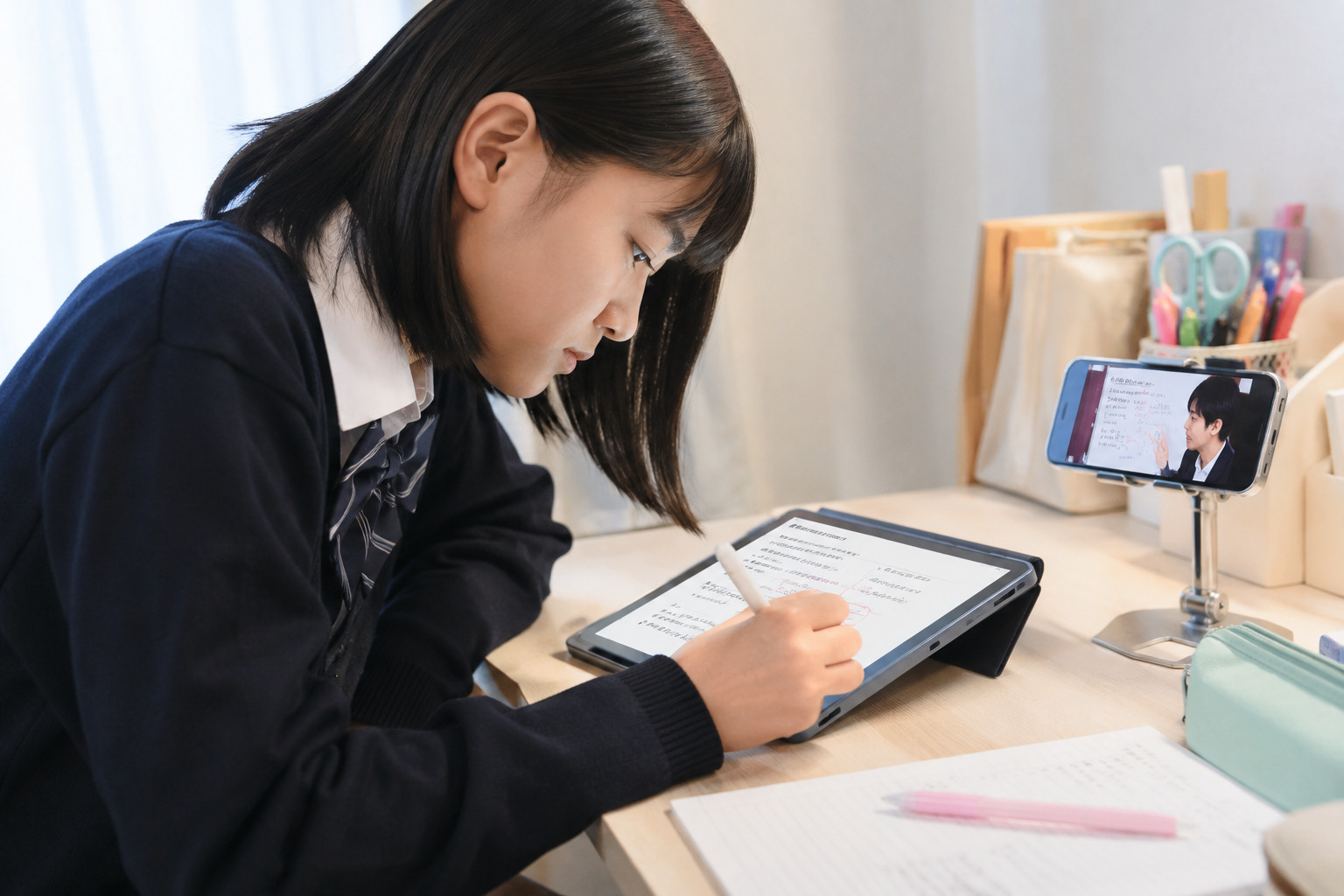 スマートフォンで講師とつながりタブレットで学習する中学生